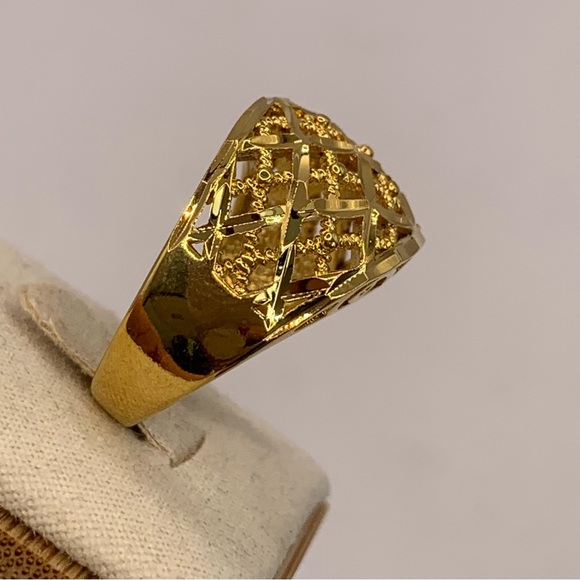 Gold plated dome statement ring with open cross hatching and scroll work 7 - Picture 6 of 9